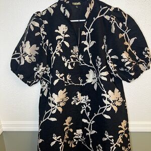 THML Black and Cream Floral Puff Sleeve Dress